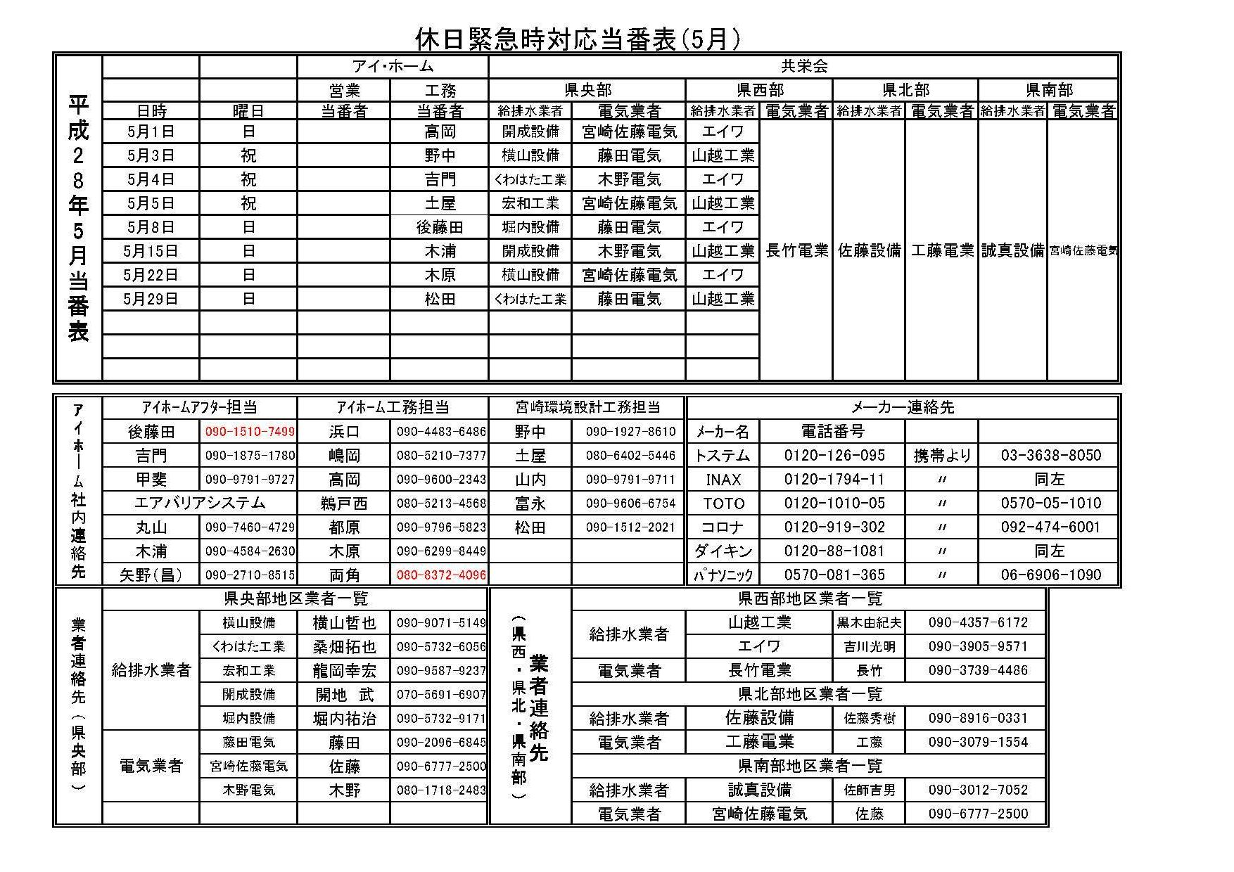 5月休日当番表