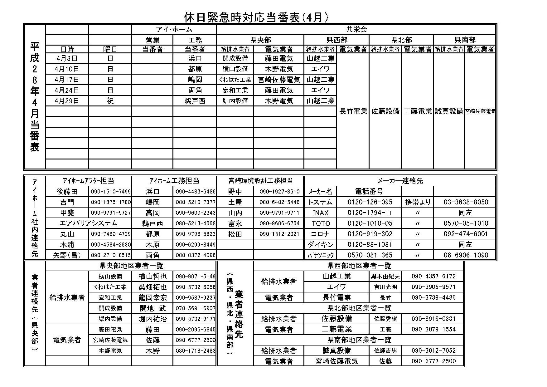 ４月休日当番表